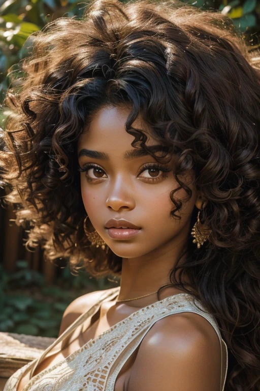 "Create a highly realistic image of Ayana, a young woman with deep brown skin and natural, voluminous curly hair styled in a tight, defined afro. Her hair is dense, textured, and slightly frizzy at the edges. She has large, expressive eyes with natural, slightly arched eyebrows that frame her face. Her nose is delicately shaped, and she has full, natural lips with a subtle, natural sheen. Ayana is wearing a sleeveless top with intricate, elegant patterns that add texture and contrast. The lighting is natural, casting soft shadows that highlight the contours of her face, giving a warm glow to her skin. The background includes blurred greenery and a wooden structure, with a focus on her face and hair. Emphasize skin texture, hair details, and the interplay of light and shadow to enhance realism and closely match her original appearance."