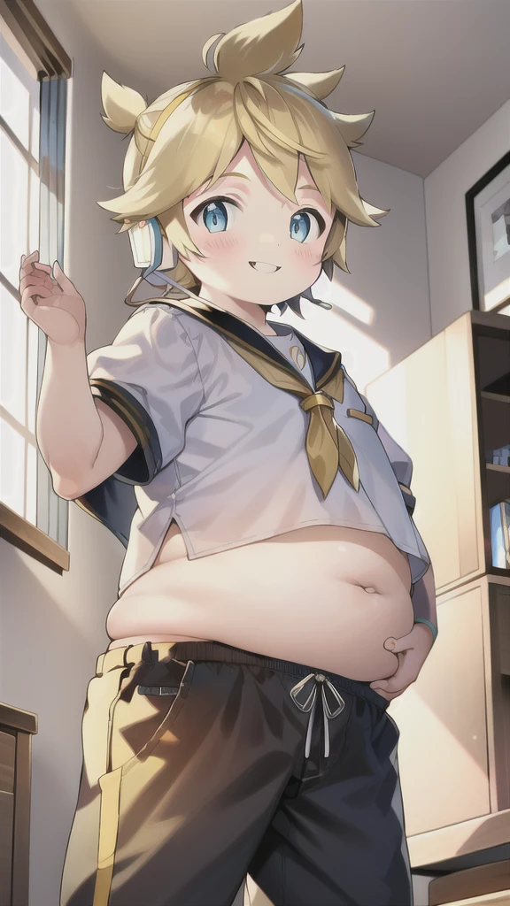 10 year old boy, Kagamine Len, (plump), (chubby), chubby body, whole belly spilling over the waistband, ((over small sailor uniform)), short sleeves, (short pants), earphones, tie, (light blushed), standing in his bedroom, parted lips, proudly showing his belly to the viewer, smiling