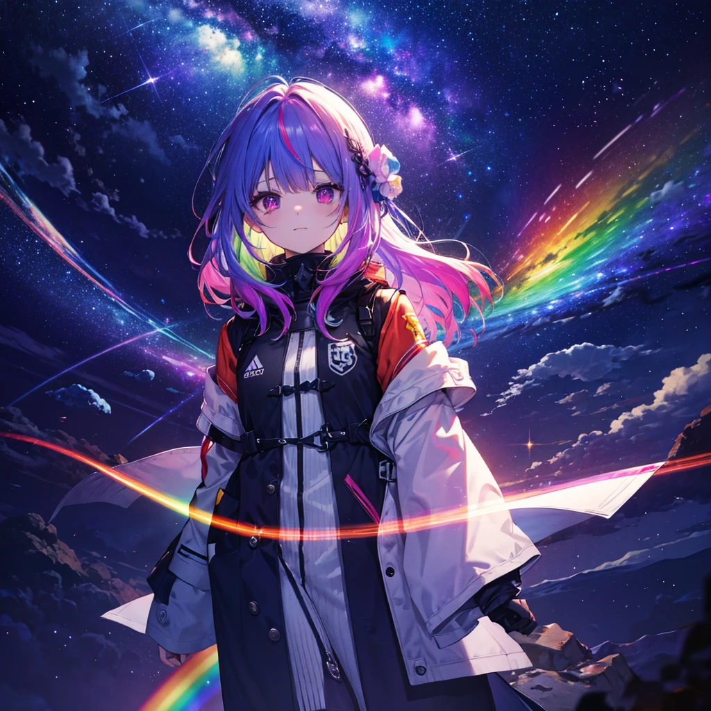 ((Fantasy Rainbow Hair Dye the inside of your hair rainbow colors Long Hair Dull red eyes Has a galaxy uniform Put on a coat without putting your arms through it Lonely despair)) ((tears gloves)) (Broken glass Distorted Space-Time star) Catch the wind Shining Background Particles of light, rainbow colored edges