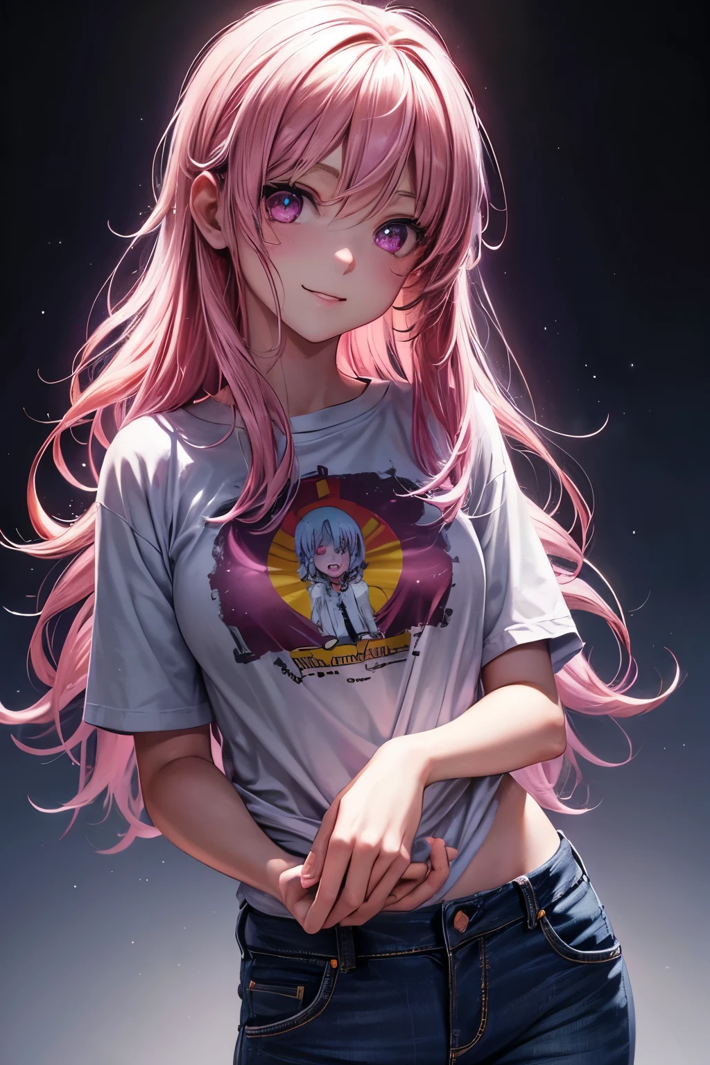 Anipoma 1,(masterpiece, Best illustration, best comics), alone, 1 girl, violet eyes, (shiny skin, soft hair), (Holding the milkshake), freckle, (Bright pink two-tone hair:1.3), (Wearing LED Led Zeppelin T-Shirt, jeans), (Ultimate light and shadow, Volumetric lighting, Edge lighting), (sunlight:.5), (rainbow lights, Light Leakage), (Tempting, giggle), (alone), manga twilight 1, Manwa 1