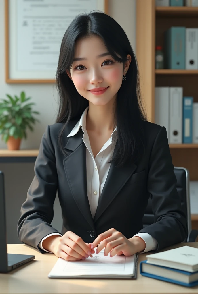 Realistic depiction、Realistic、Beautiful Secretary。Japanese。28 years old、Honesty、intellectual、smile、Black Hair、Straight hair、love、trust、attractive、