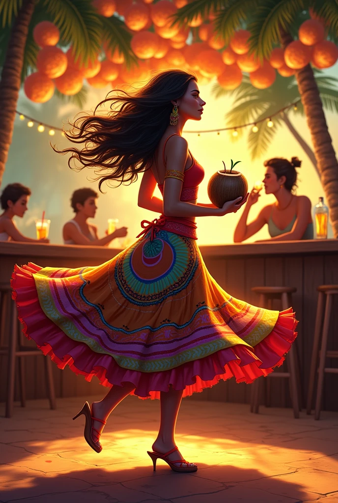 woman dancing coconut, with her open and colorful skirt in the background a person at the bar drinking caipirinha