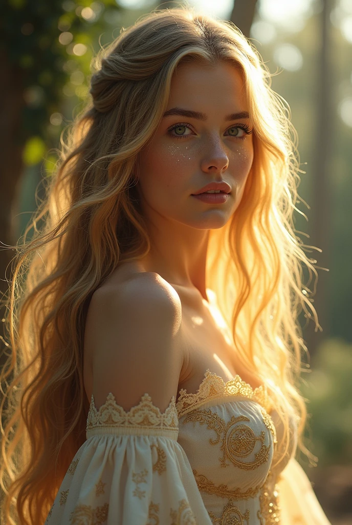 (photorealism:1.2),
Isolde is a young woman of ethereal beauty. Her hair is long and golden, falling in shimmering cascades as if bathed in sunlight. His eyes are dark, almost black, but in them shine countless tiny stars, as if they held the night sky. His skin is pale, almost translucent, with a subtle glow that suggests the immense power she holds within. She wears a silk dress that flows gracefully, adorned with delicate patterns that seem like ancient magical runes, which gleam faintly with every movement she makes. Isolde exudes grace and a powerful presence that reflects her mastery over magic and nature.