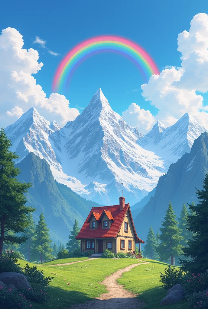 Create an image of size 9:16. Image is of scenic view of a house. Background is of 7 rainbows. With snow capped mountains. Colorful and artistic.