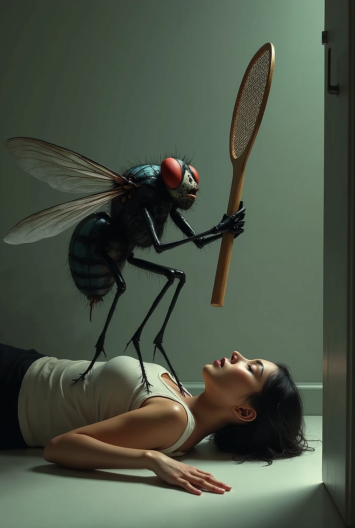 A fly killing a human with a fly swatter 