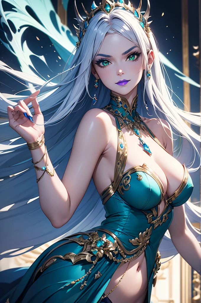 masterpiece,best quality,extremely detailed CG,ultra-detailed,1woman,demon queen,angry smile,beautiful green eyes,elaborately designed blue colored dress,open stance,dynamic pose,strong light,fancy makeup,blue colored lips,jewelry and accessories,tiara,silver hair,