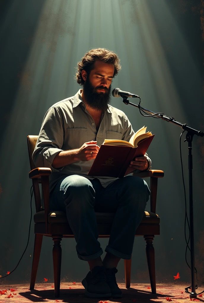 a bearded man sitting in a chair with a book on his lap, Tyler West, inspired by Scott Gustafson, Justin Kohn, Marker, inspired by Peter Brandes, sitting in front of a microphone, Elliot Alderson, by Robbie Trevino, transparent background, Performing on stage, whole person!, inspired by Josh Bayer