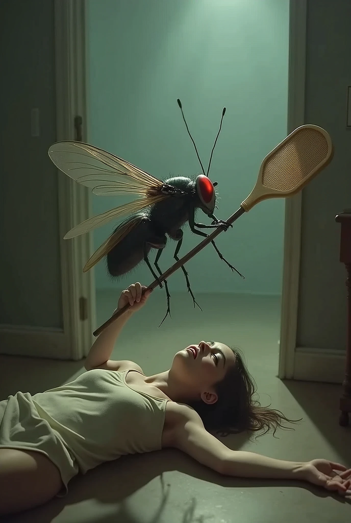 A fly killing a human with a fly swatter
