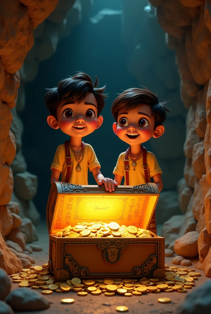 Together, they solved the puzzles and found the treasure.
"Meghraj and Tanishk celebrating as they discover a chest of treasure inside the cave."