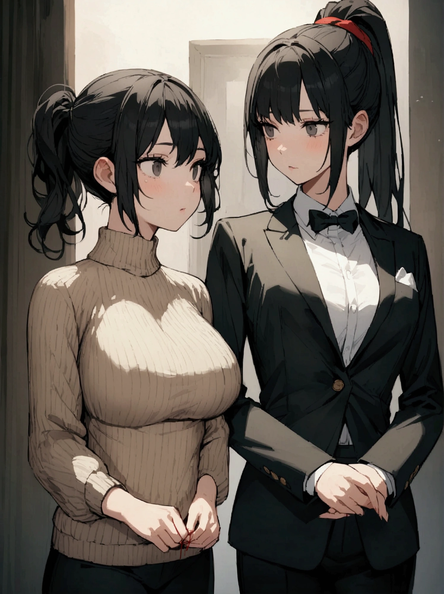 Black hair ponytail、Her ponytail is tied with a red string、A coat that's just black、Beige knitted sweater、Black trousers、I have dark circles under my eyes from lack of sleep.、A woman with a D cup bust size