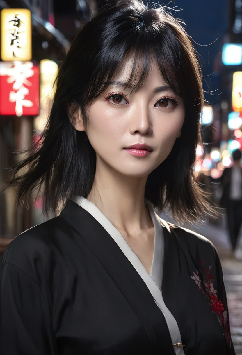 1 woman, , is 40 years old, is Japanese, is inside a city at night, is wearing a black blouse, has feminine red eyes, has fair and detailed skin, has medium length black hair, is Japanese, is dramatic lighting, has cinematic composition, has dark palette, has dark colors, has atmospheric haze, has a thin chin, has a serious face, has a serious face, has a beautiful woman, is very beautiful, is an adult, is ultra realistic, is an adult woman, is 40 years old, (best quality, is 4K, is 8K, is high resolution, is art: 1.2), is ultra detailed (is realistic, is photorealistic, is photorealistic: 1.37)