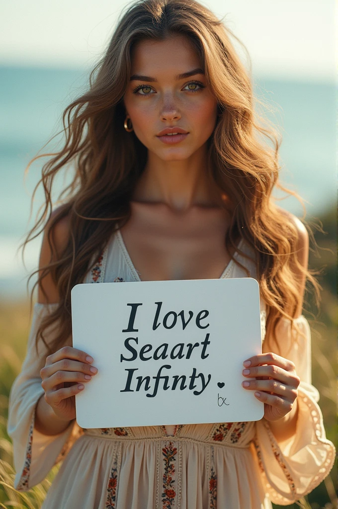 Beautiful girl with wavy long hair, bohemian dress, holding a white board with text "I Love Seaart Infinity" and showing it to the viewer