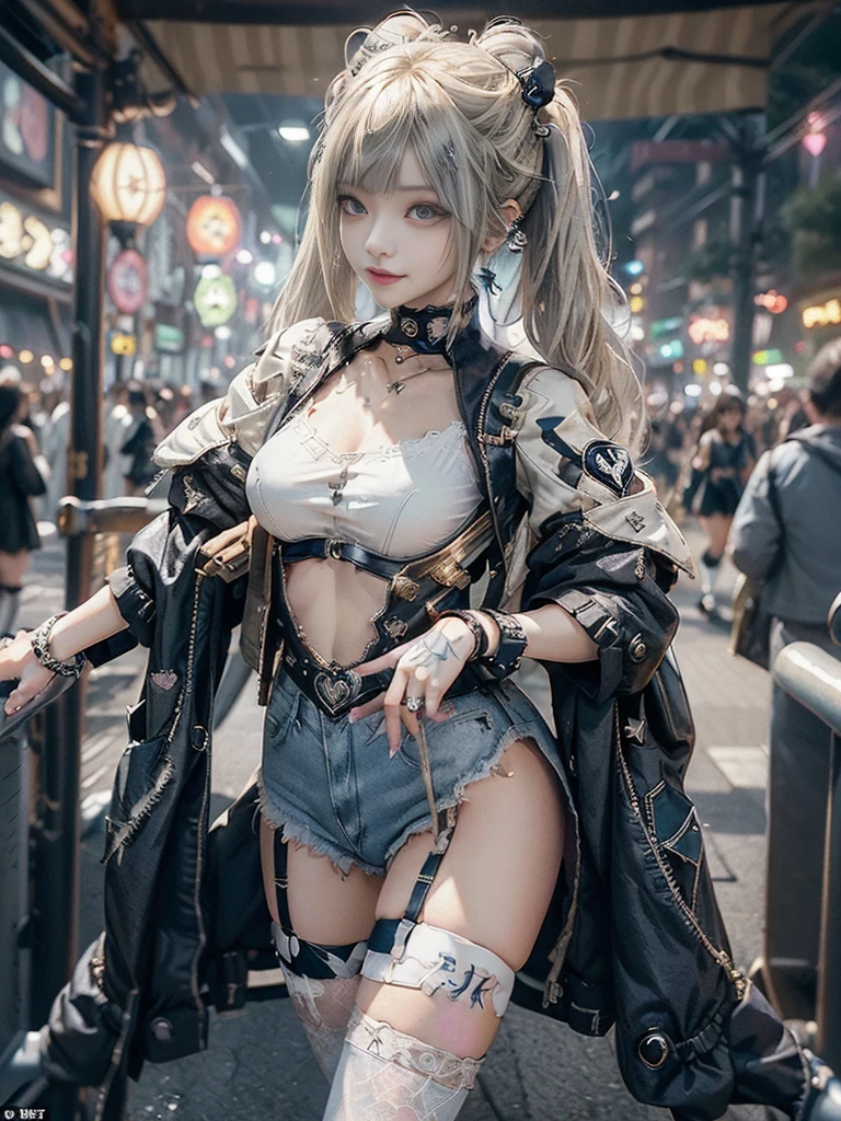 (Full Body View:1.2)、(Side view:1.1)、(Smiling with teeth showing:1.3),(Shibuya Gal:1.5)、(Beautiful:1.4)、(Goth Fashion:1.5)、(Punk RockVisual Kei:1.3)、(Futuristic baby doll in black, white and denim:1.5)、(A delicate jacket in beige, white and navy:1.5)、(Denim garter belt:1.5)、(Denim and black and white bodysuit:1.4)、(Heart-shaped silver accessories:1.5)、(Brown Skin Belt:1.4)、(Blue High Heels:1.4)、(Lace patterned underwear:1.4)、28 years old、NSFW,((Highest quality、In 8K、masterpiece:1.3))、Sharp focus:1.2、(Layered Cut、Beautiful boobs:1.1),Beautiful woman with perfect figure:1.4、(Doing an aerobics pose:1.3)、Slender Abs:1.2、Butt、Highly detailed face and skin texture、Detailed eyes、double eyelid,(Twin tails:1.3)、(Light gold colored hair:1.3)、(Black brown eyes:1.3)、Obscene、Gravure idol、(Luxurious amusement park at night:1.3)、(Make your legs thinner:1.4)、(Thin thighs:1.4)、(Slim Body:1.3)、(clavicle:1.1)