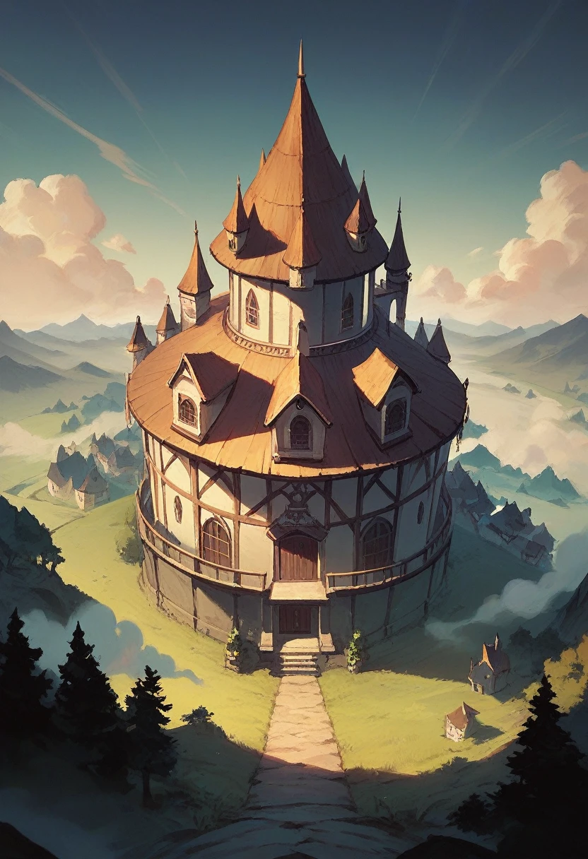 view from above, the forest, A meadow, small village, wooden dilapidated houses, in the distance beyond the village there is a mountain, There is a castle on the mountain, night, fog, cloudy sky