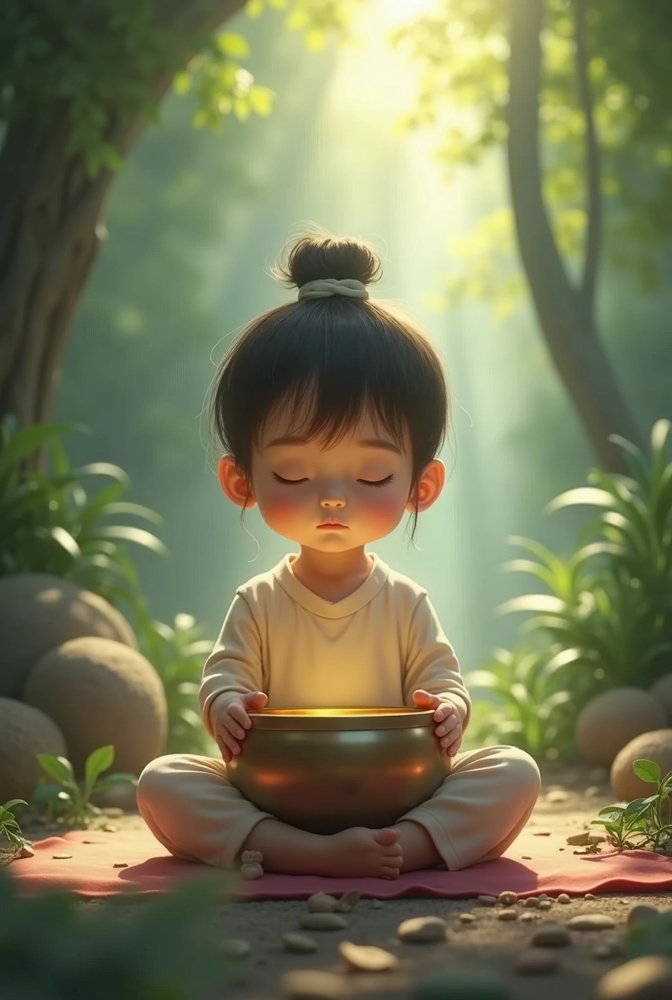 A  meditating with a singing bowl in a serene environment.