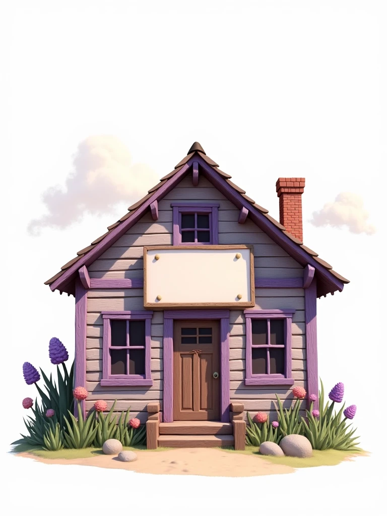 At the center of the image, there is a rustic house with lilac details and a large sign. PNG image. White background.