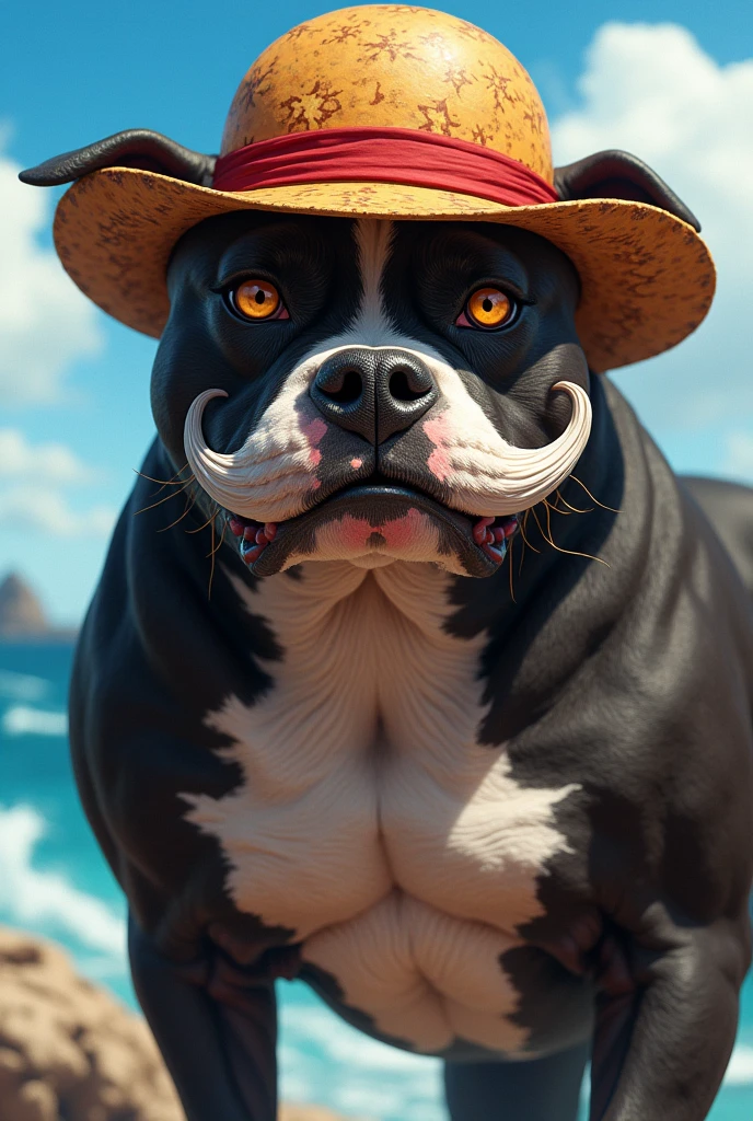 Pitbull with Luffy's straw hat and Gol's mustache.D roger 
