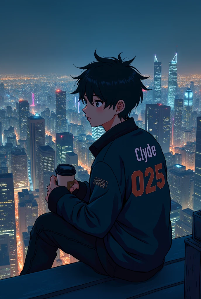Cool anime Boy Chilling in the night rooftop with the back of his jacket name Clyde025 while holding a cup of coffee while looking the cities in a Landscape