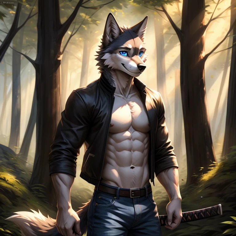 Masterpiece, best quality, high quality, 1male anthro wolf, Solo, has Blue eyes, wears jacket with shirt jeans, has katana, slim body, muscular arms, shy smile, standing, in the forest, sunny day
