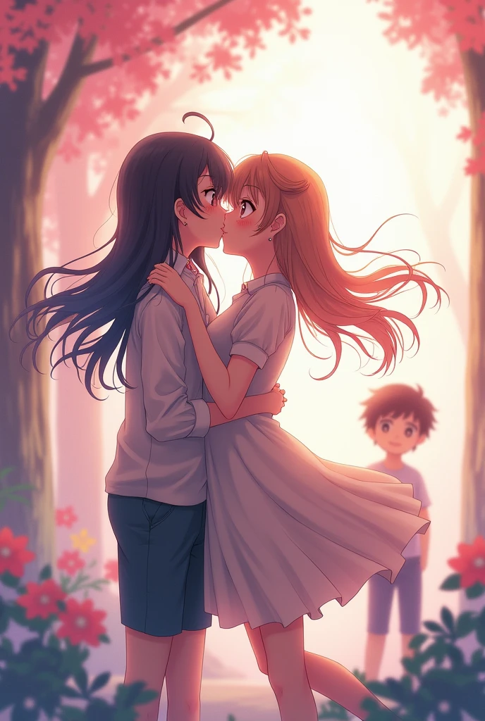 Two anime girls kissing together and a boy standing sideway with a sire expression