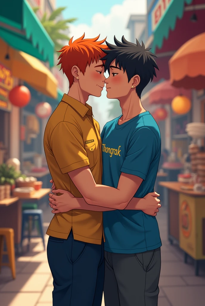 A 21-year-old man with orange hair, wearing a university student uniform in Thailand, hugs the back of a 25-year-old man wearing a blue short-sleeved shirt with the word Thongrak written on it, and is wearing pants in front of a noodle shop in a market.