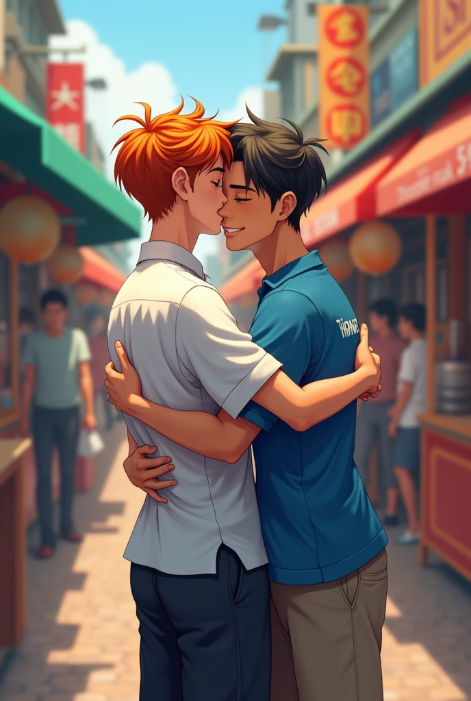 A 21-year-old man with orange hair, wearing a university student uniform in Thailand, hugs the back of a 25-year-old man wearing a blue short-sleeved shirt with the word Thongrak written on it, and is wearing pants in front of a noodle shop in a market.