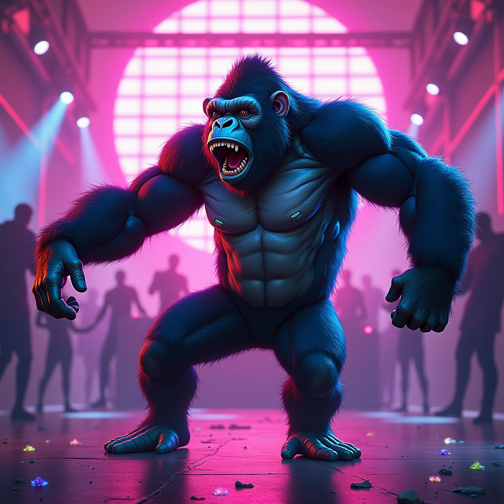 "A highly detailed illustration of a gorilla in a wide, energetic dance pose with one arm stretched out and the other bent, as if it's about to break into a dance routine. The gorilla is dressed in a tight, iridescent outfit with glowing patterns. Its expression is full of excitement and joy. The background includes a lively, futuristic nightclub with vibrant lights and a DJ booth."