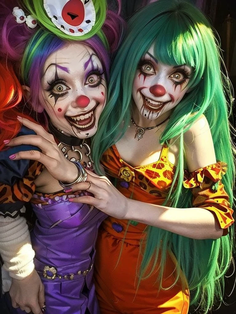 Gruesome and spooky details、An atmosphere full of suspense and tension、Psychological horror、Cute Smile、Clowns and circus atmosphere、A terrifying moment、Psychedelic dream scenario、Alice in Wonderland、Enthusiastic atmosphere、Mischievous Smile、Expressive gestures、Comical movement、Rainbow Hair、leopard print jumpsuit,sexy