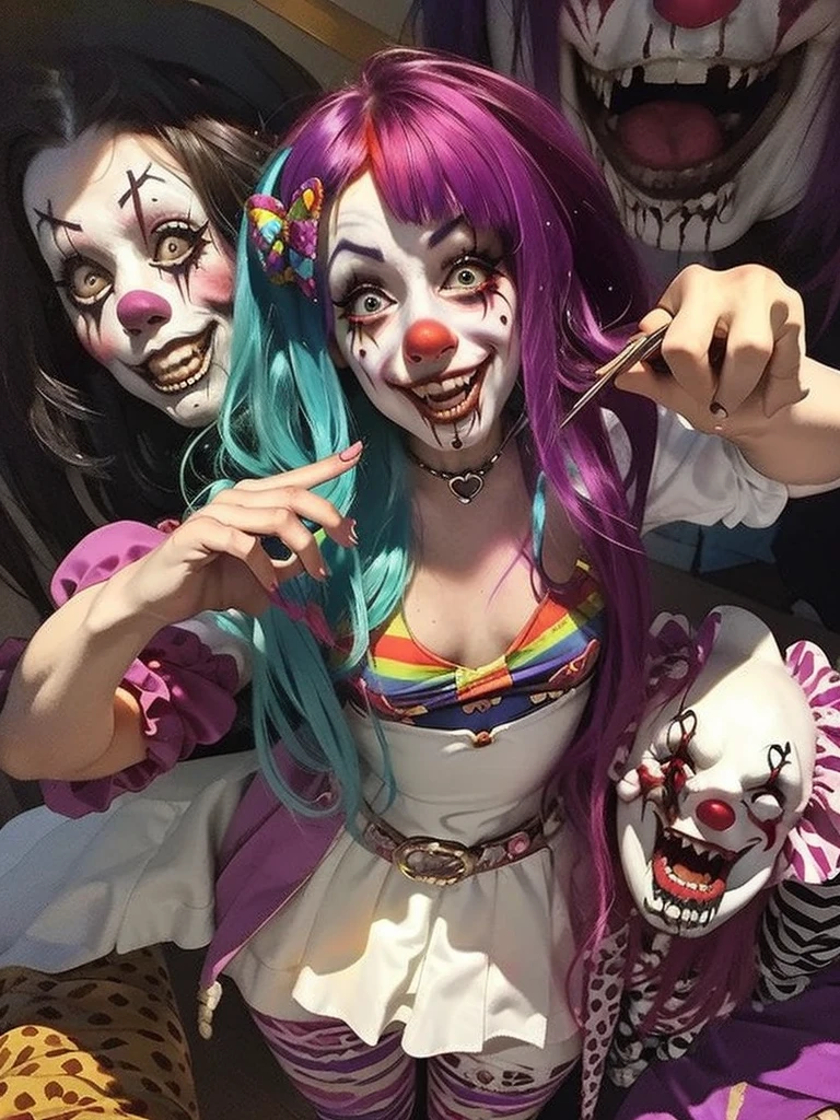 Gruesome and spooky details、An atmosphere full of suspense and tension、Psychological horror、Cute Smile、Clowns and circus atmosphere、A terrifying moment、Psychedelic dream scenario、Alice in Wonderland、Enthusiastic atmosphere、Mischievous Smile、Expressive gestures、Comical movement、Rainbow Hair、leopard print jumpsuit,sexy