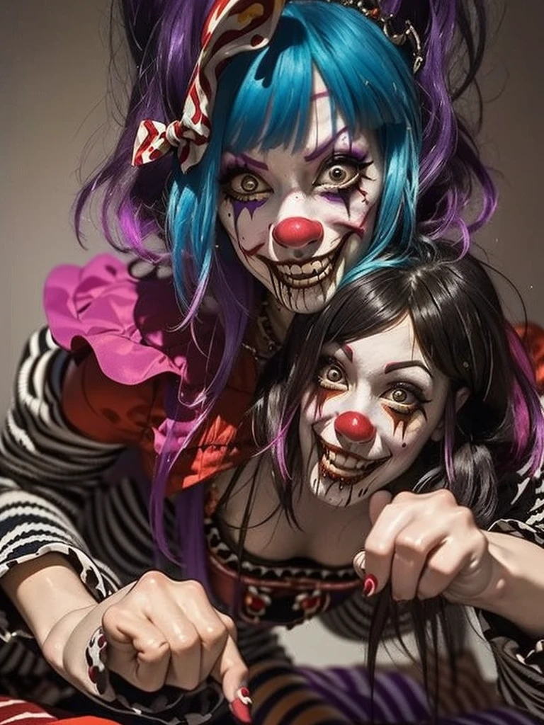 Gruesome and spooky details、An atmosphere full of suspense and tension、Psychological horror、Cute Smile、Clowns and circus atmosphere、A terrifying moment、Psychedelic dream scenario、Alice in Wonderland、Enthusiastic atmosphere、Mischievous Smile、Expressive gestures、Comical movement、Rainbow Hair、leopard print jumpsuit,sexy