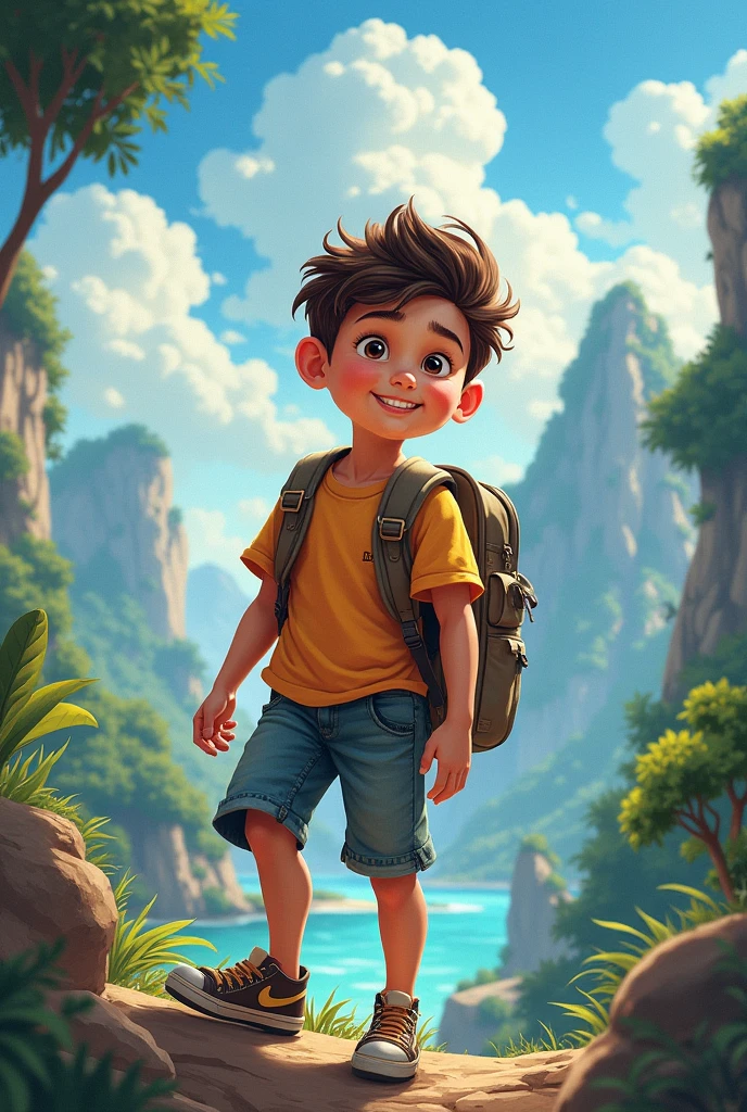 Create an image with a boy who dreamt of travel world with a slogan of Let's explore the world