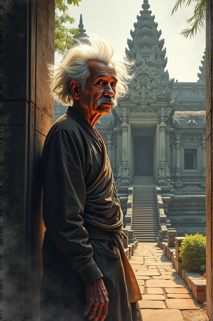 Albert Einstein as Cambodia traditional writing in front of Angkor Wat temple