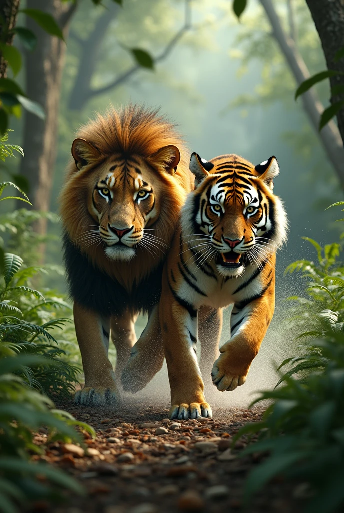 A lion and a tiger running in a forest