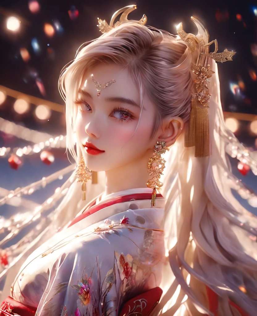 8K,Asian cute girl，an extremely delicate and beautiful,Beautiful and realistic skin,Shiny jewel-like earrings,pompadour,like glitter silver hair,,beautiful eyes,full body