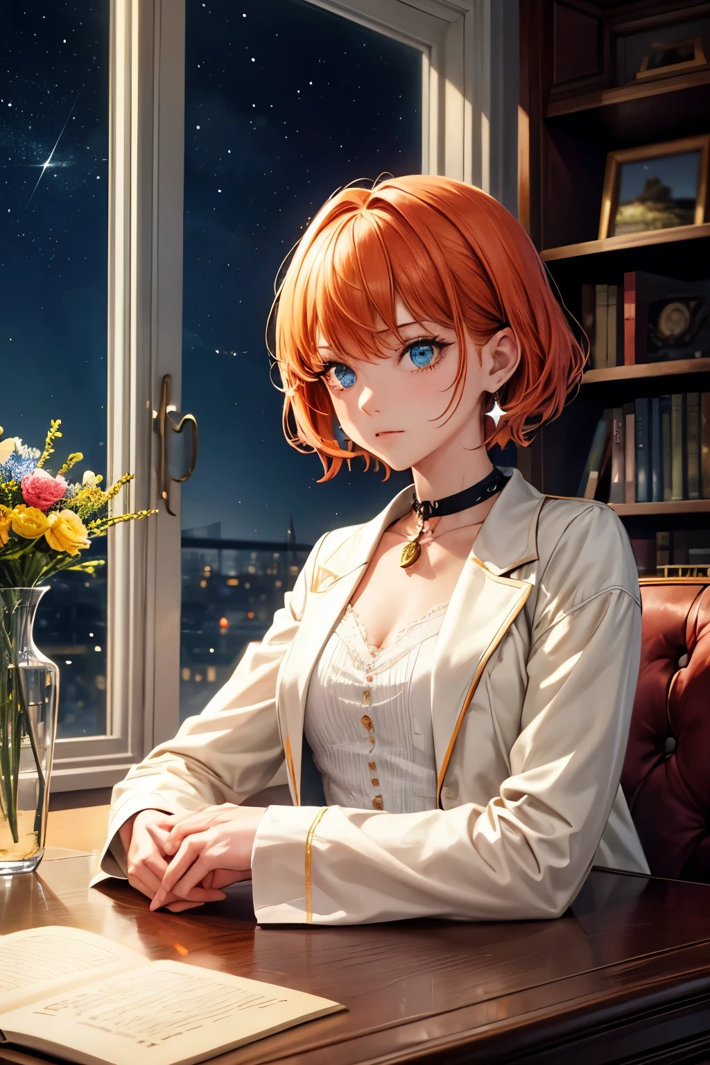 best quality, (masterpiece:1.2), illustration, Ridiculous, (1 girl, alone), (Beautiful and meticulous girl), ((Upper Body, portrait)),, McMillan on the neck, short hair, Orange hair, blue eyes, Medium breasts, Blue crystal earrings, White jacket, , cool, calm, looking at the audience,, Elegant bedroom, night, window, curtain, Starry Sky, lamp, bookcase, nightstand, vase, table,