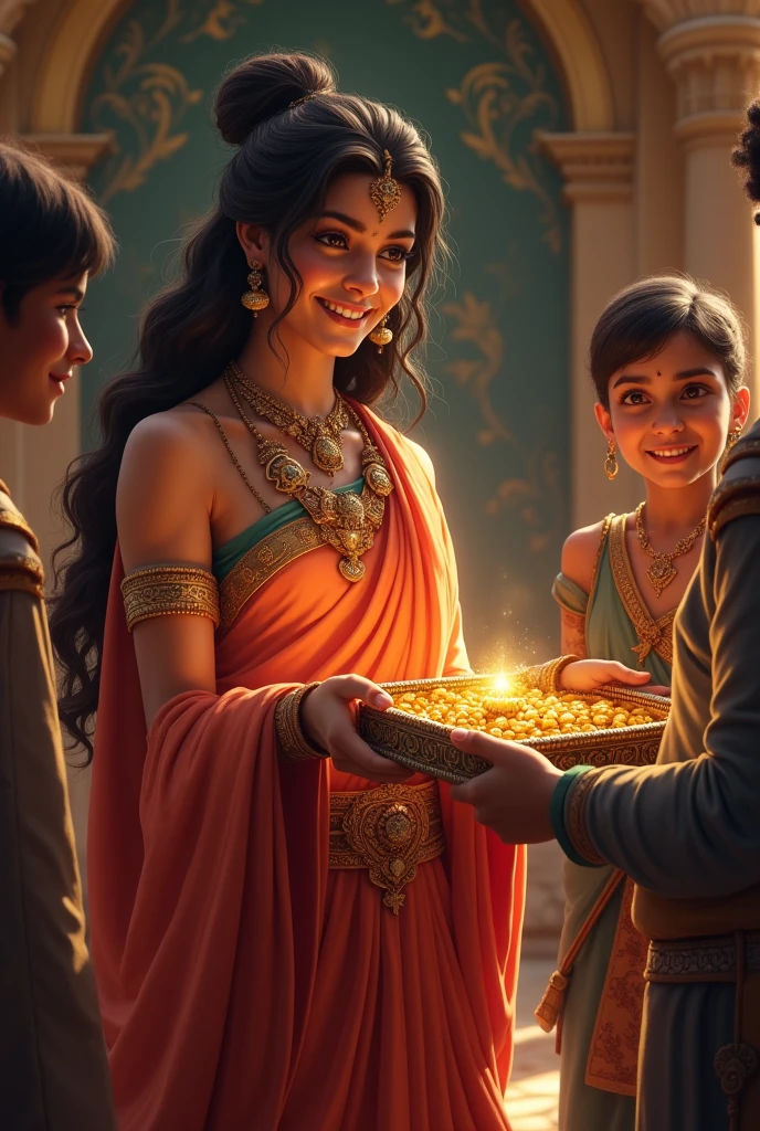 When they returned home with the treasure, Priyanka praised them.
"Priyanka warmly congratulating Meghraj and Tanishk as they present the treasure, with a proud and happy expression."