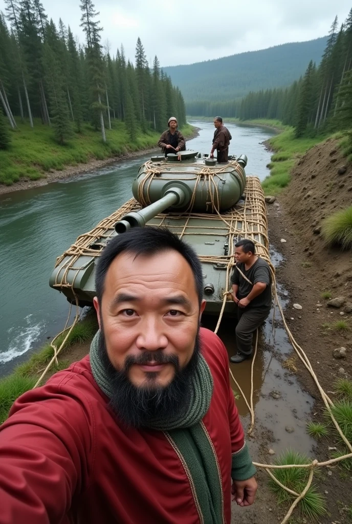 mongolian guy taking a selfie and at the background mongolian guys in deel binding up fully all over athe soviet tank too much with so many ropes in the woods near the river