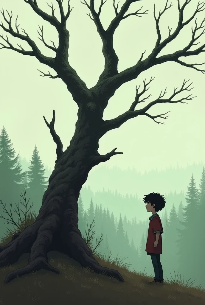 a boy is looking at a dead tree on a hill with the plain forest in the background 
