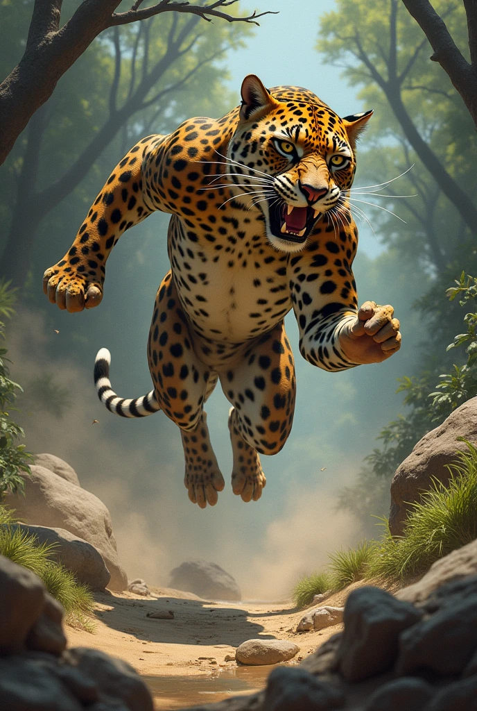 leopard jumps in a man