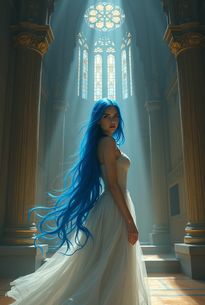 Masterpiece、Blue Hair、Long Hair、thin、dress、Inside the church