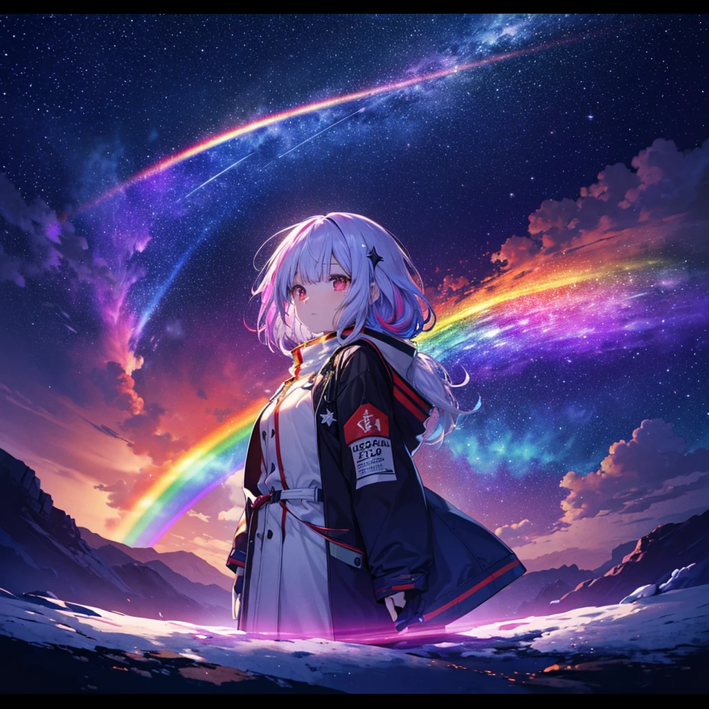 ((Fantasy Rainbow Hair 髪の内側をRainbow colorsに染める Long Hair Dull red eyes,Center close-up Has a galaxy uniform Put on a coat without putting your arms through it,View from the front Lonely despair)) ((tears gloves)) (Broken glass Distorted space-time, exploding,Rainbow colors star) Catch the wind Shining Background Particles of light, Rainbow colorsの縁