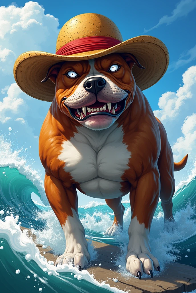 Pitbull with Luffy's straw hat and Gol's mustache.D roger