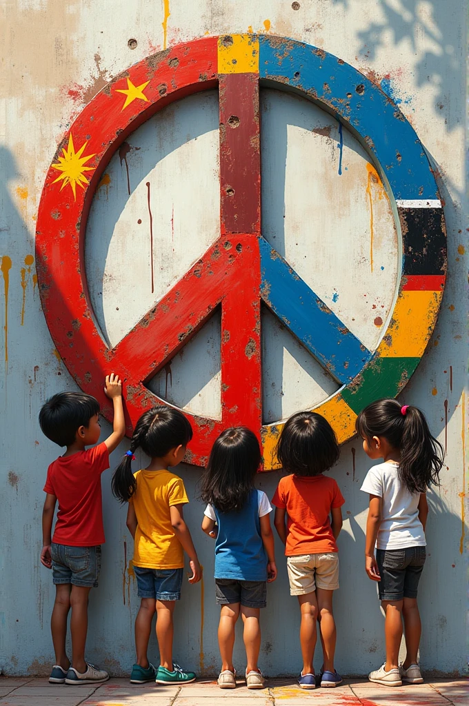 Children graffitiing the symbol of peace,Peace without limits,flags of the nations 