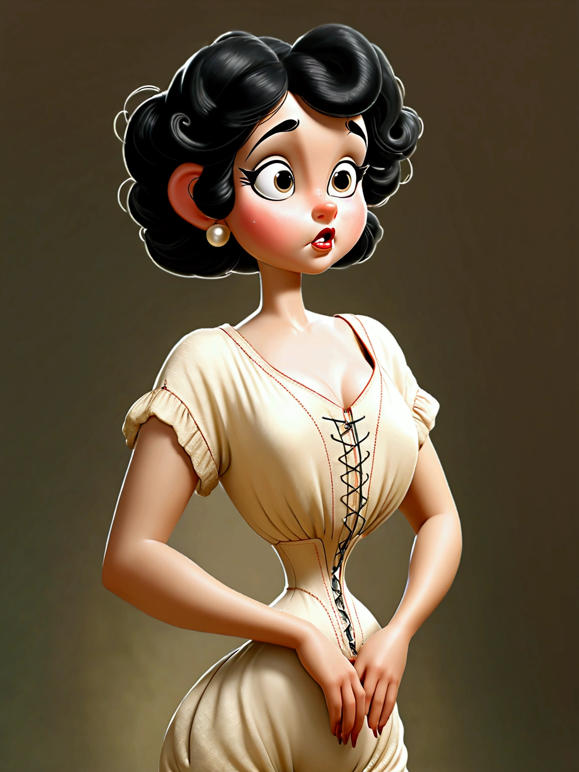 (masterpiece), (realistic), (((NSFW))). (ultra hd 8k), (realistic body proportions). Betty Boop as a **** teenage Gibson Girl wearing her Edwardian lingerie. Year 1906. Bullet brassiere, S-bend corset, high-waisted crotchless bloomers, silk stockings with garters at the tops, high-button boots. Long brunette updo. Large tits, 9-inch wasp waist, bubble butt. (((Bare arms. Full body)))