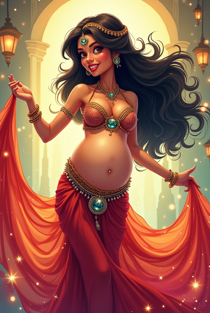 Pregnant girl in belly dance clothes in cartoon style