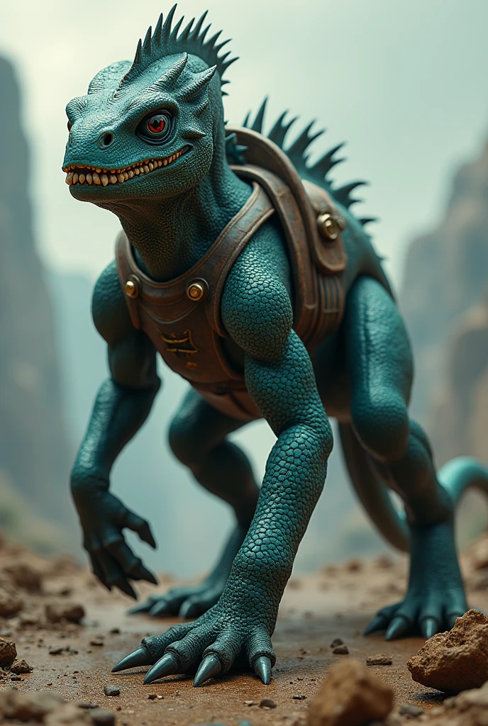 En photo réalisme. in profile. Dans l'univers du jeu vidéo  Fallout 3. A hybrid between a chameleon and a flayer. It's a mount. Il marche à quattre pattes et a une belle selle sur le dos mais pas de cavalier. he is two meters tall.  He has long claws. Il est rapide et agille mais a de large épaules et des bras musclés.
He has chameleon eyes, des dents pointues  mais reste très mignon. 
The color of its scales is reminiscent of lapis lazuli.. It is midnight blue with gold glitter.. It is very beautiful. 
Maintenant je veux la version adulte.   