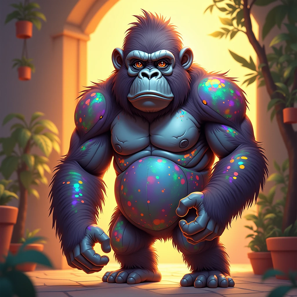 "A highly detailed illustration of a gorilla with a sympathetic expression, standing with one arm extended as if to offer a pat on the back. The gorilla is wearing a tight, iridescent outfit with vibrant colors and fun designs. The background includes a relaxed, friendly environment with warm lighting."