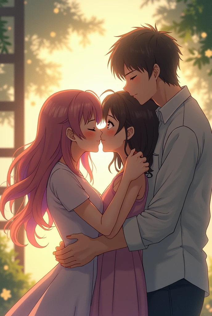 Two anime girls kissing together and a man standing sideway with a sad expression 