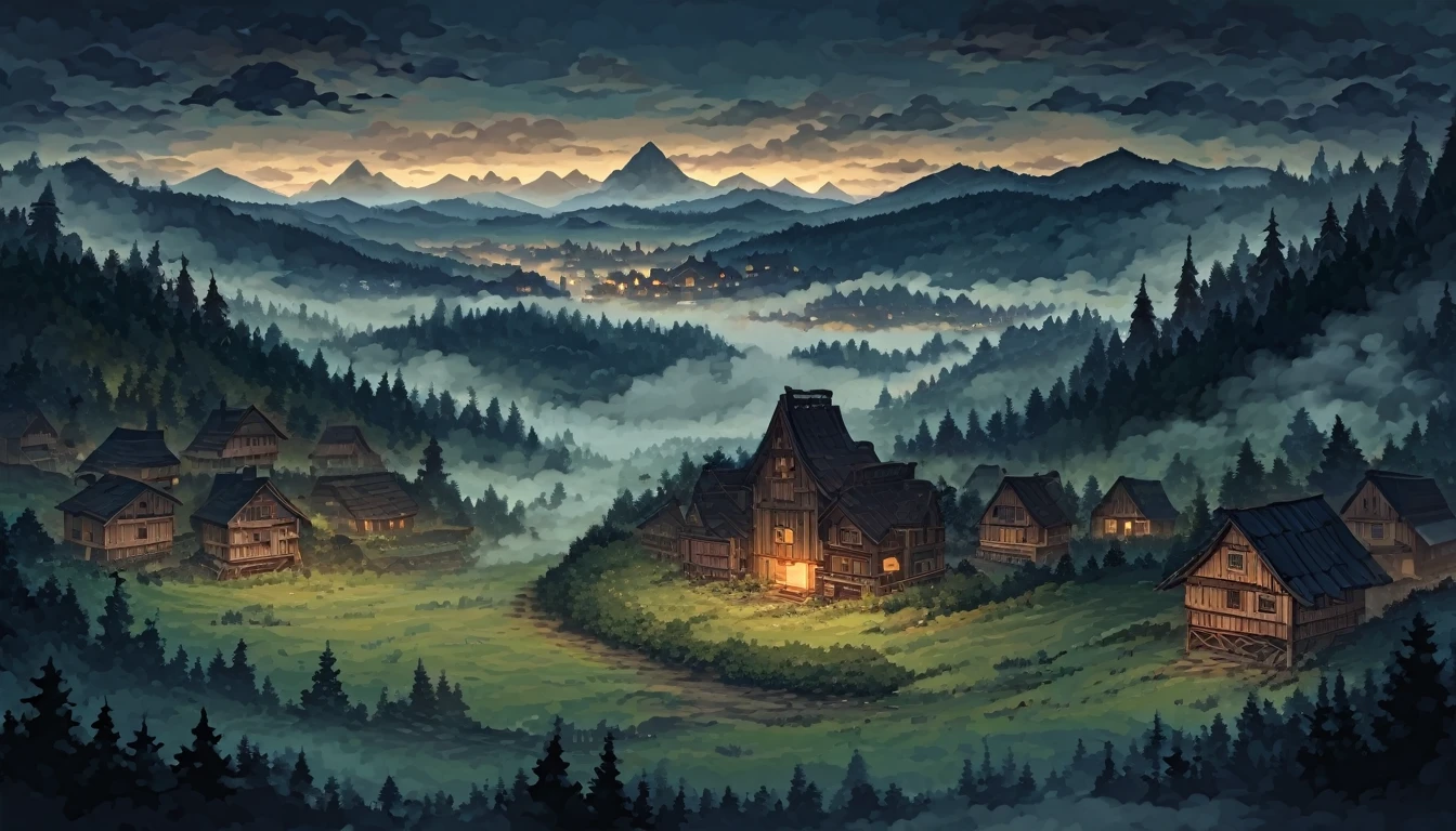 view from above, the forest, A meadow, small village, wooden dilapidated houses, in the distance beyond the village there is a mountain, There is a castle on the mountain, night, fog, cloudy sky