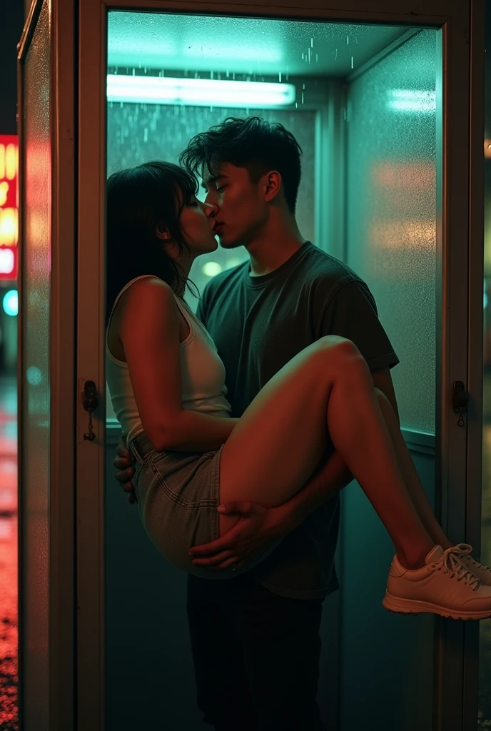 A Couple, (behind a glass shot:1.5), (best quality:1.5), japanese, 1man and 1girl, 35y a man in casual cloth with short black hair, 25y sweet and chubby girl, in a telephone booth, a man carrying a girl thighs with his arms then she giving sex kiss, she has messy mid long bang hair in tanktop and skirt, sneakers, (lift posing:1.5), real couple, 120 film looks, (neon light reflection in glass surface:1.3), ambient lighting, night, (rainy:1.4), detailed face and eyes, detailed nose and lips, showing tongue, very highly detailed, surreal view, (sharp focus:1.3), shot by mamiya analog film, (artistic photography:1.3), (wide angle:1.3)